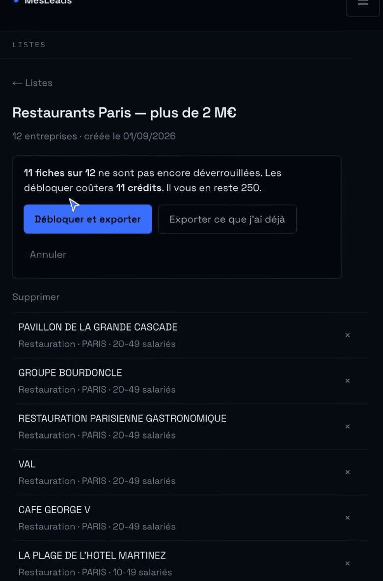 L'export d'une liste enregistrée de douze restaurants parisiens : onze fiches sur douze ne sont pas déverrouillées, le coût est annoncé avant tout débit, et trois choix sont proposés dont « exporter ce que j'ai déjà ».